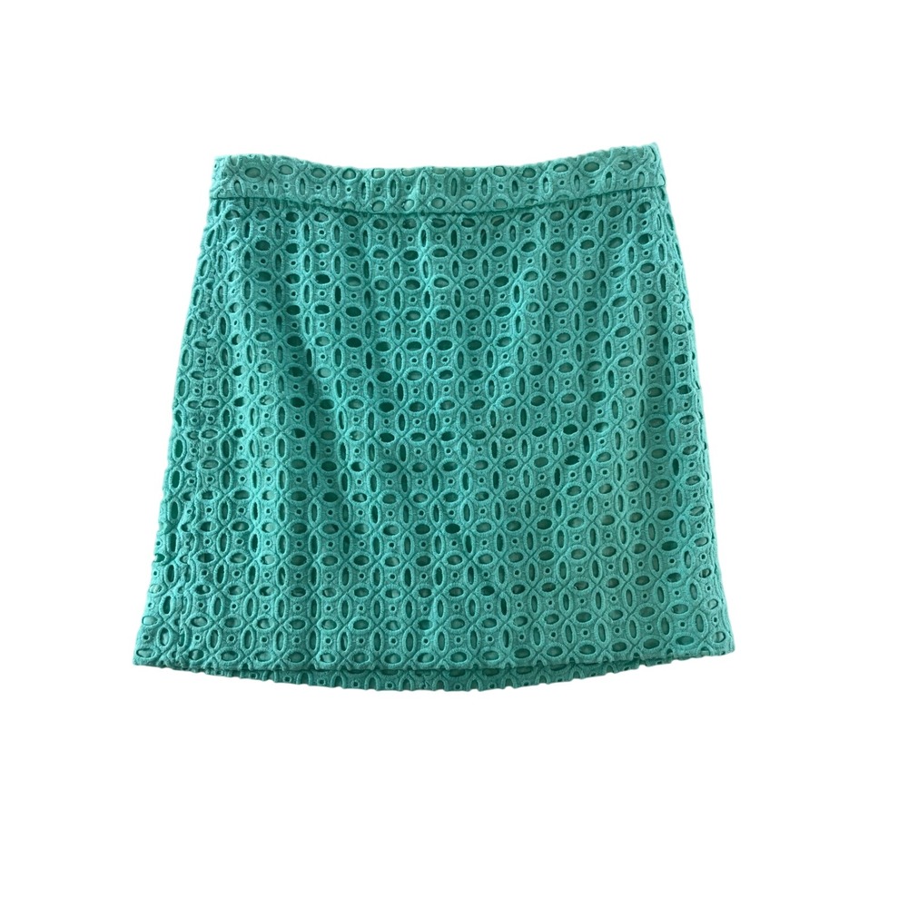 J Crew Aqua Green Eyelet Skirt Women's Size 2 Lined Mini‎ A Line Cotton Blend
